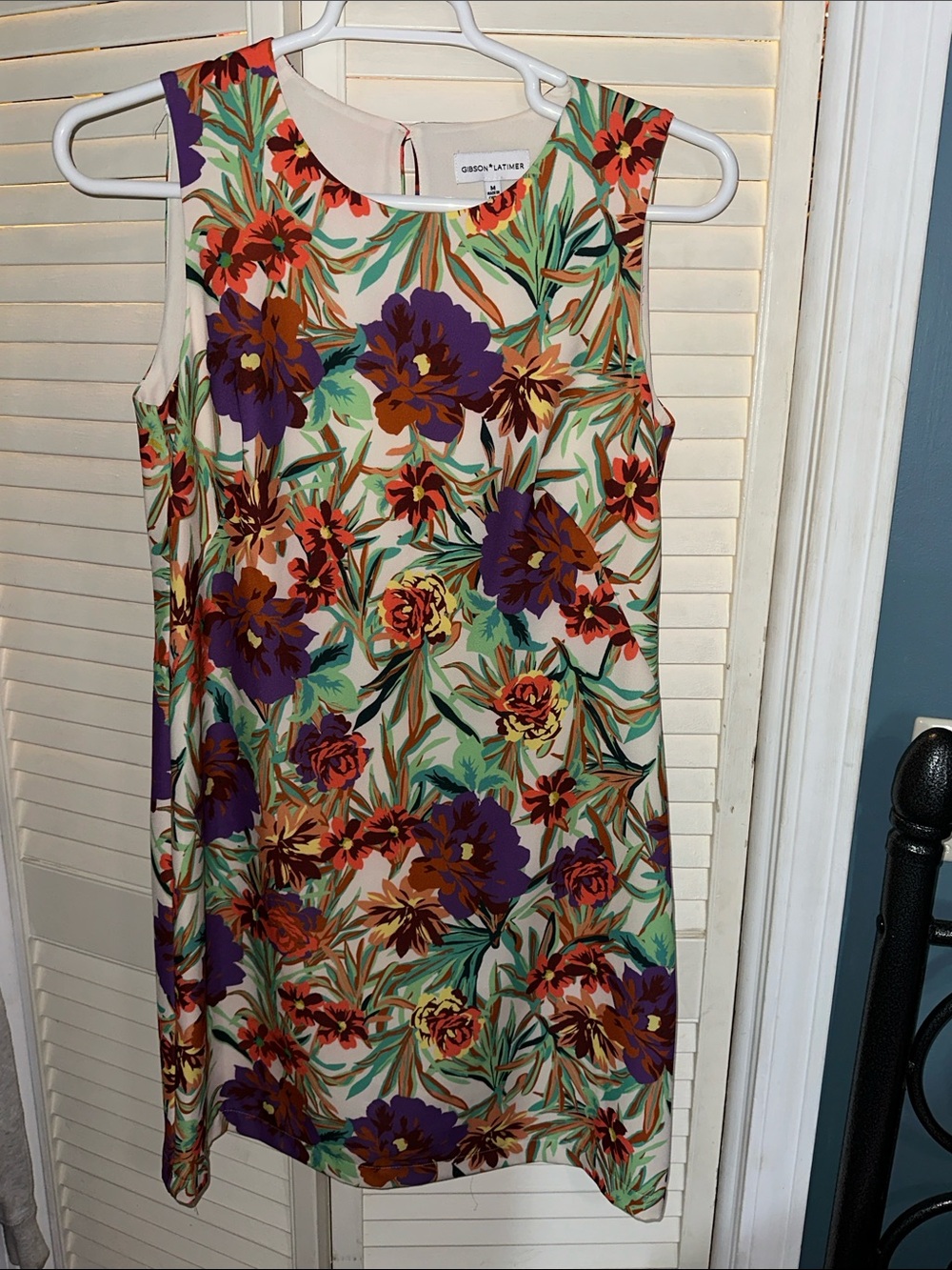 Gibson Latimer cream midi dress with purple, orange & green floral print